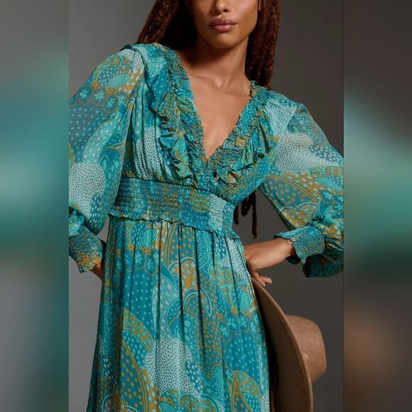 Anthropologie Odetta Ruffle V-Neck Midi Dress In Turquoise Size Extra Small NWT - Picture 6 of 8